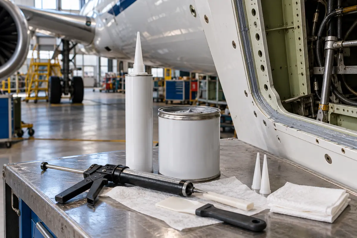 Unbranded aircraft sealant containers and application tools on a hangar workbench beside an aircraft panel