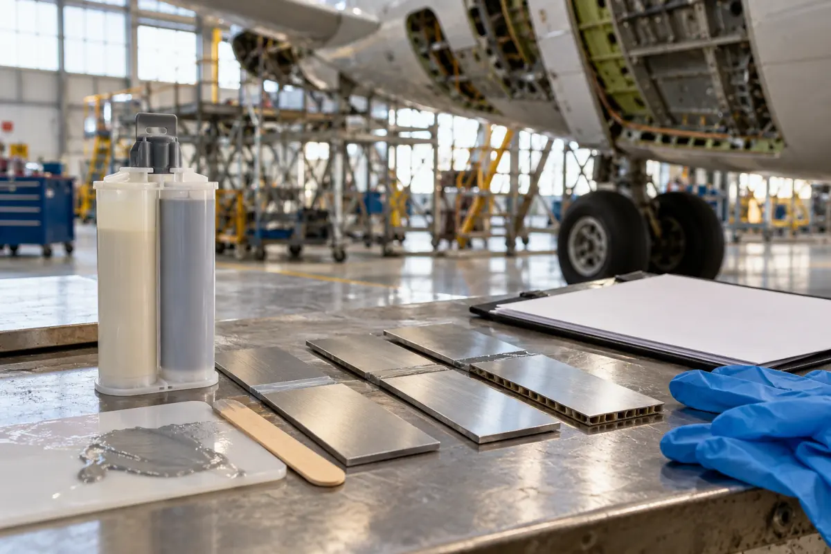Unbranded epoxy adhesive and metal bonding coupons on an aircraft hangar workbench