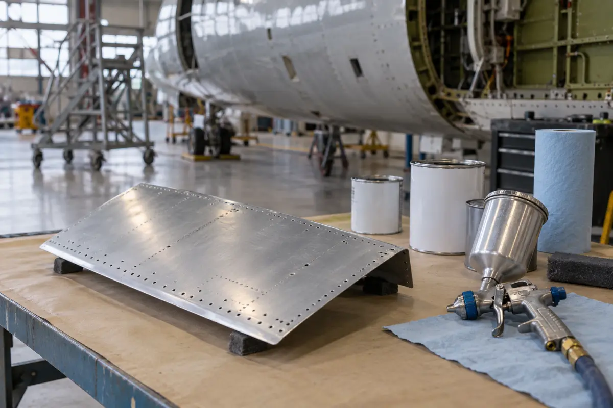 Aircraft panel and unbranded primer containers on a maintenance hangar workbench