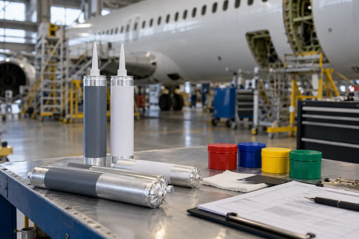 Aerospace sealant packages and maintenance paperwork on a workbench in an aircraft hangar