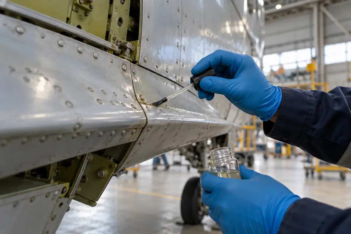 Gloved technician applying a corrosion-inhibiting liquid to an aircraft metal panel joint in a hangar