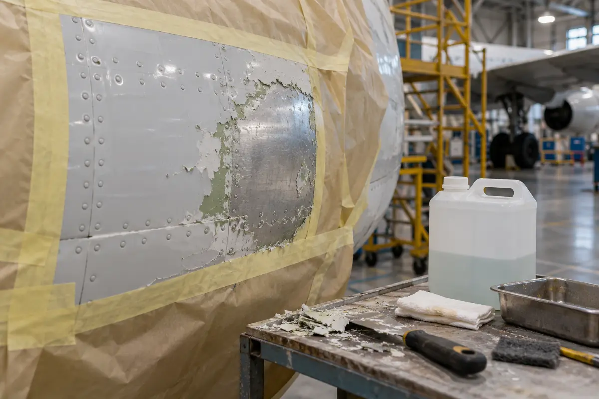 Masked aircraft panel and unlabeled paint-removal supplies in a maintenance hangar