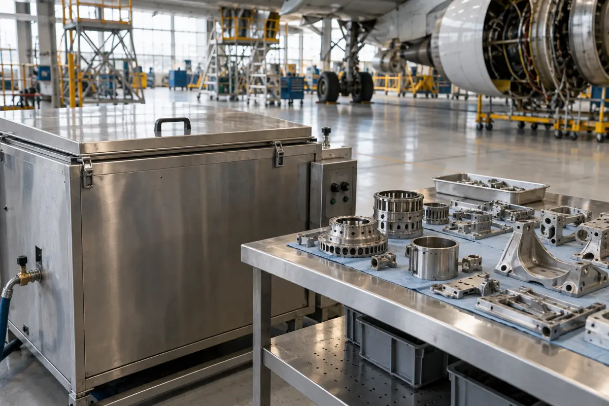 Immersion-cleaning equipment and metal aircraft components in a maintenance hangar