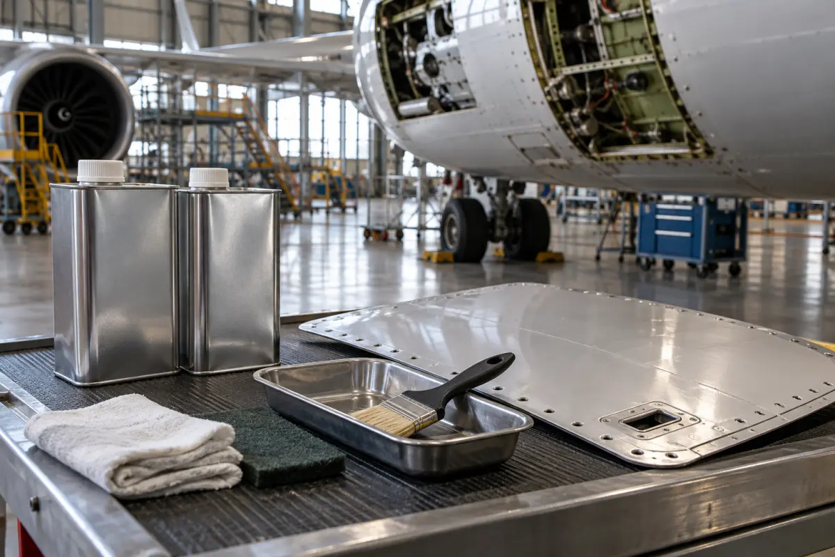 Unbranded solvent containers and metal aircraft parts on a maintenance workbench