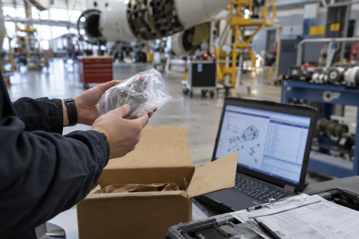 Parts package and laptop used for an NSN lookup in an aircraft maintenance hangar