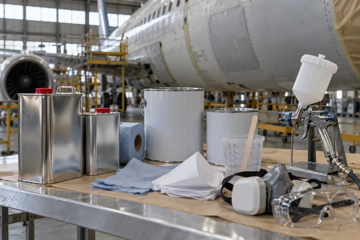 Unbranded paint thinner containers and coating preparation equipment on a workbench in an aircraft hangar