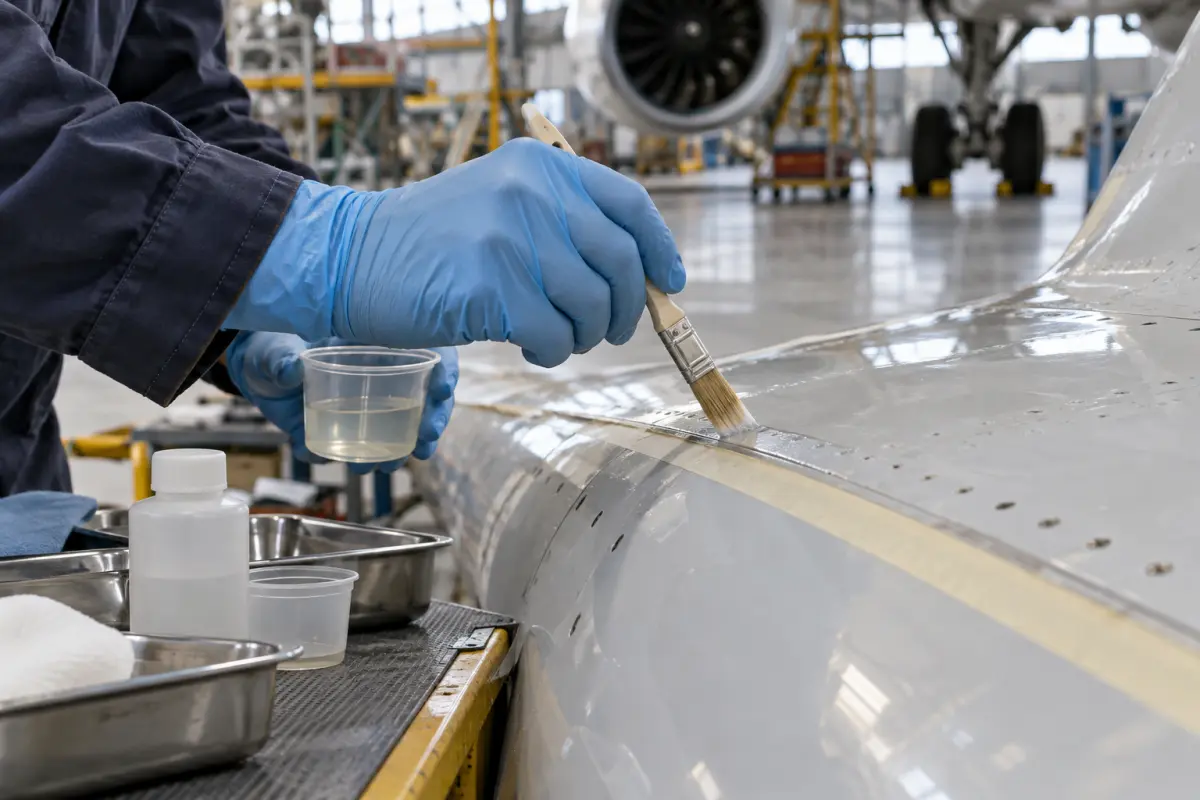 Gloved hands applying surface treatment to an aircraft panel joint in a maintenance hangar