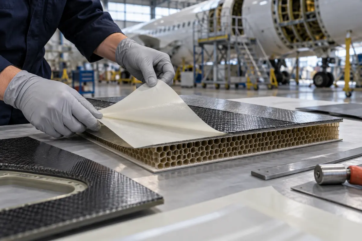 Gloved technician positioning structural adhesive film beside a honeycomb aircraft panel in a hangar