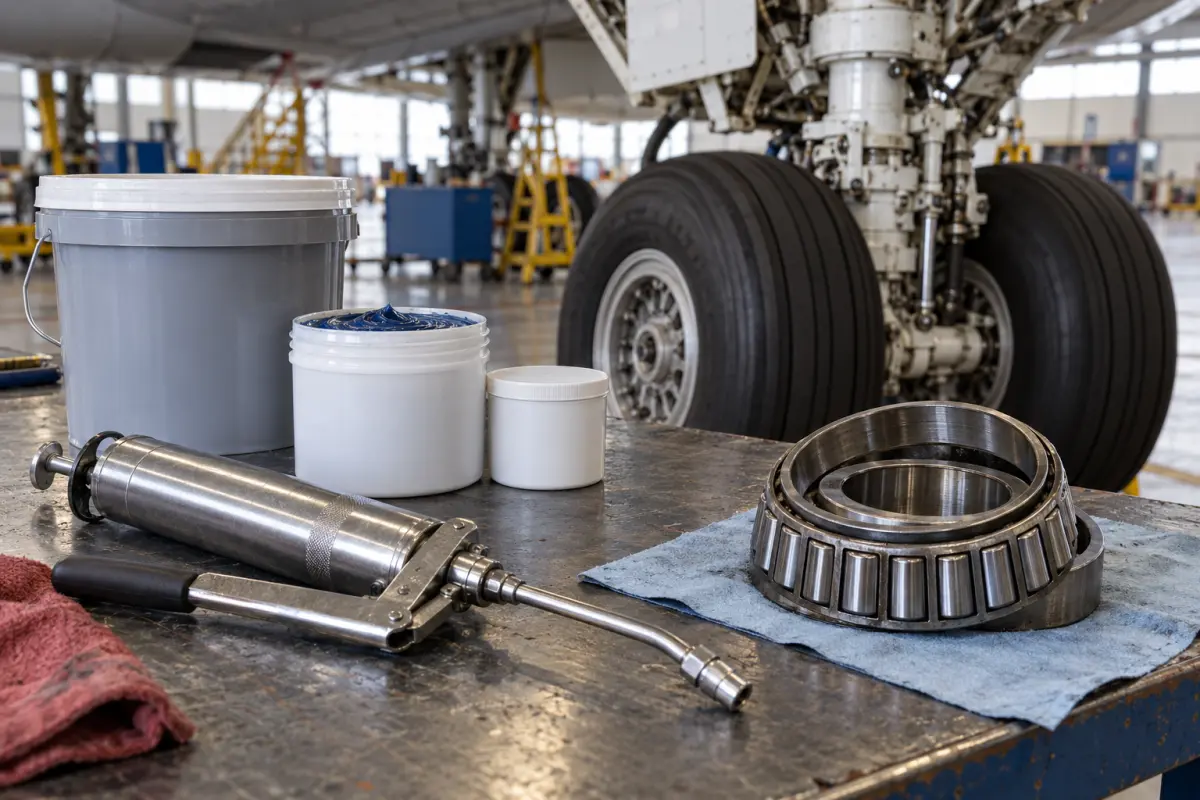 Unbranded grease containers and applicator beside an aircraft wheel bearing in a maintenance hangar
