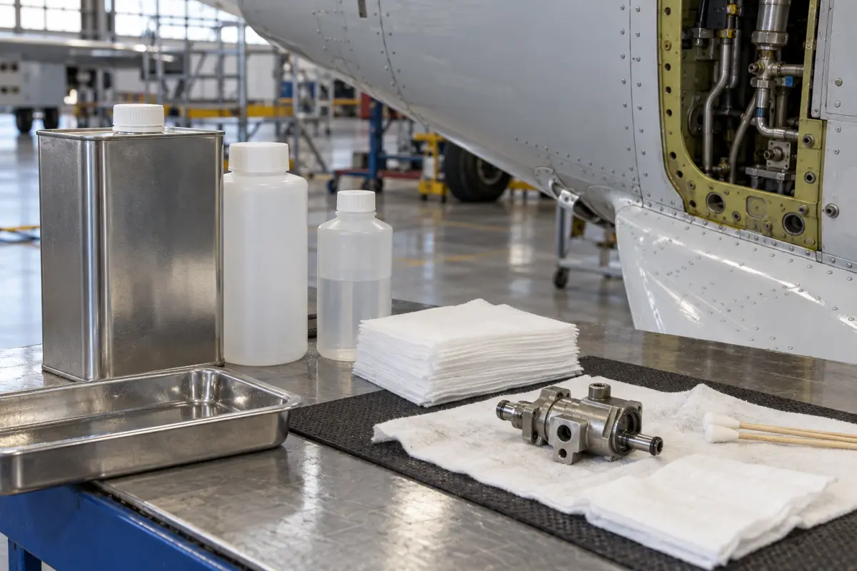 Unbranded solvent containers and cleaning wipes on a workbench beside an aircraft panel in a maintenance hangar