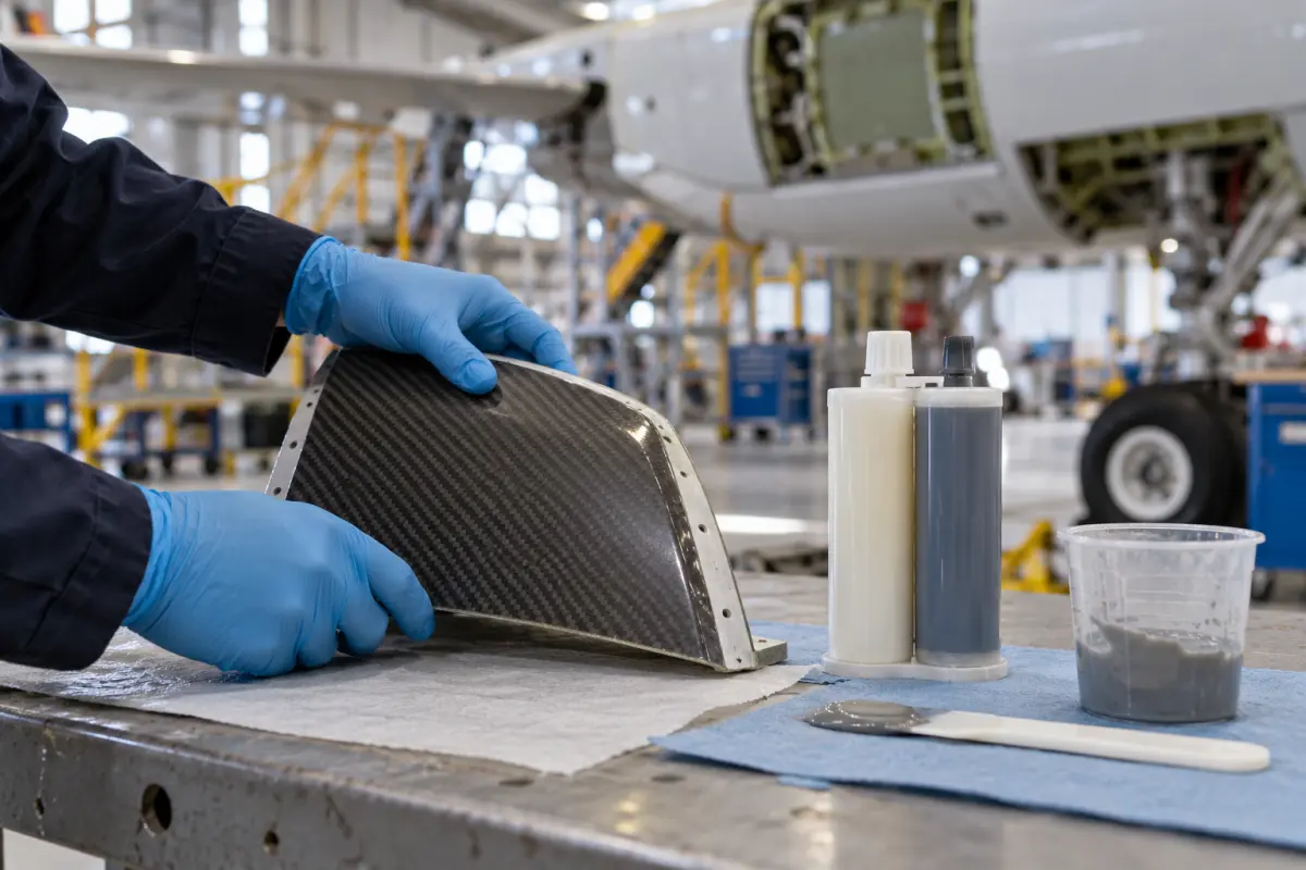 Composite aircraft panel and unbranded epoxy adhesive materials on a hangar workbench