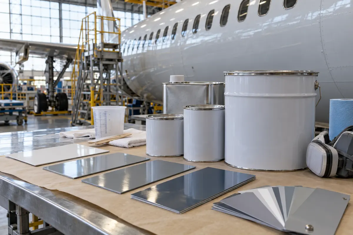 Unmarked aircraft coating containers and finish sample panels on a hangar workbench