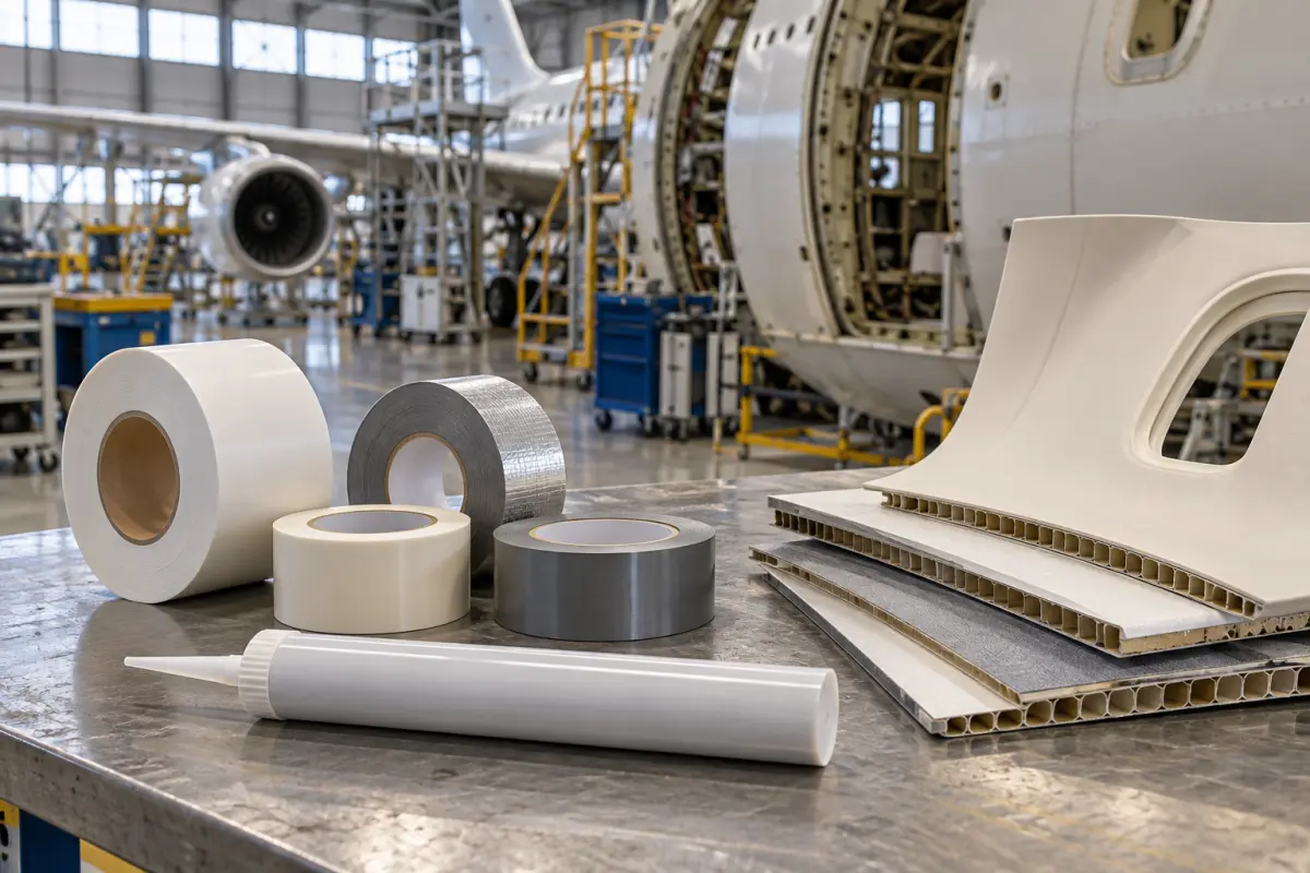 Adhesive tapes and a cartridge beside aircraft interior panel samples on a hangar workbench