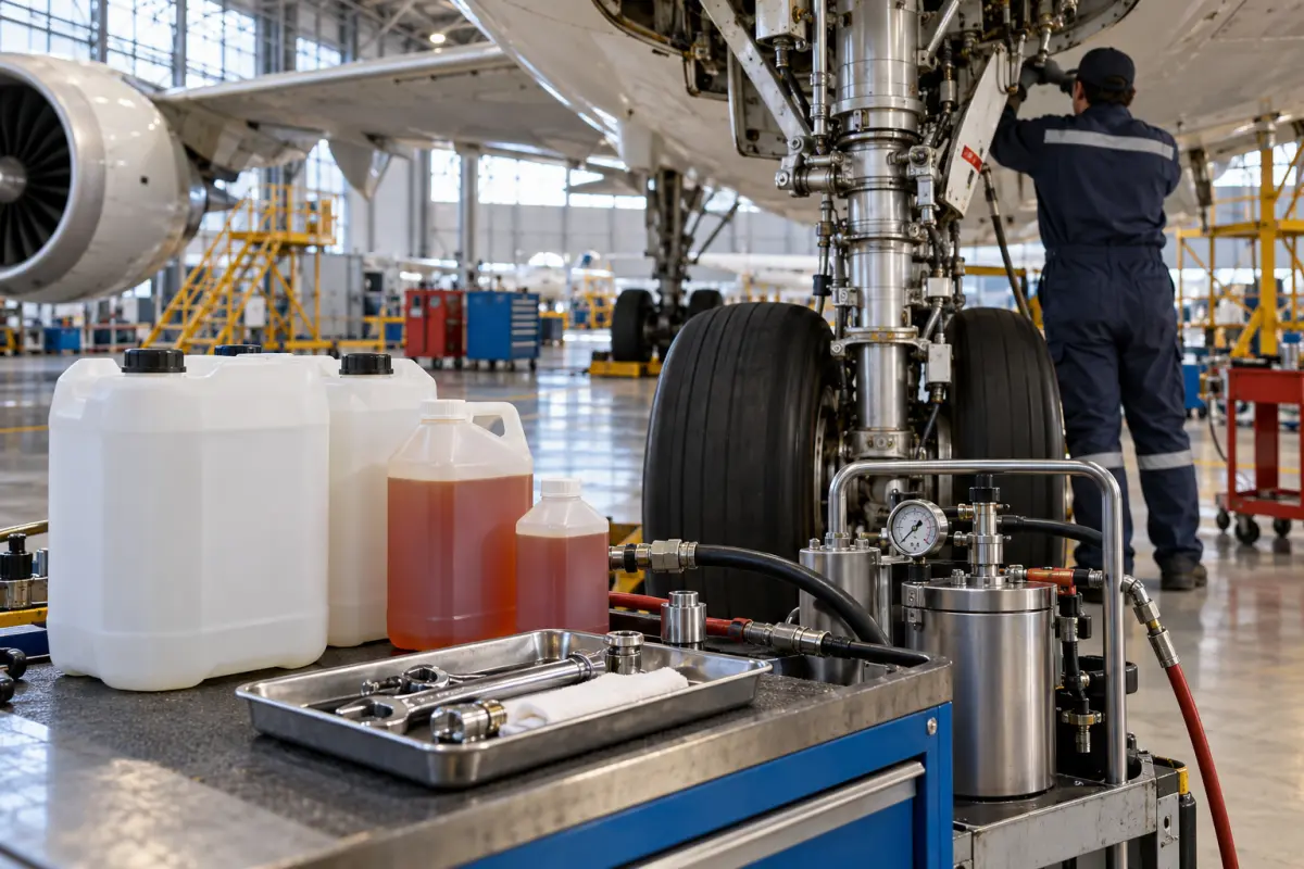 Unbranded aircraft hydraulic fluid containers beside landing gear in a maintenance hangar