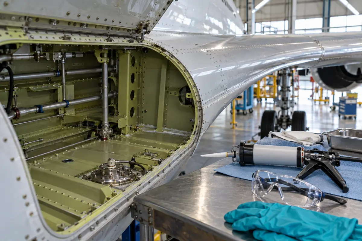 Aircraft fuel tank access area and sealant applicator in a maintenance hangar