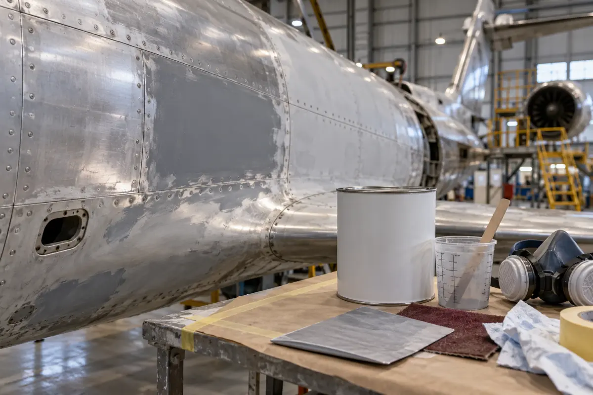 Prepared aircraft panel and unmarked epoxy primer supplies in a maintenance hangar